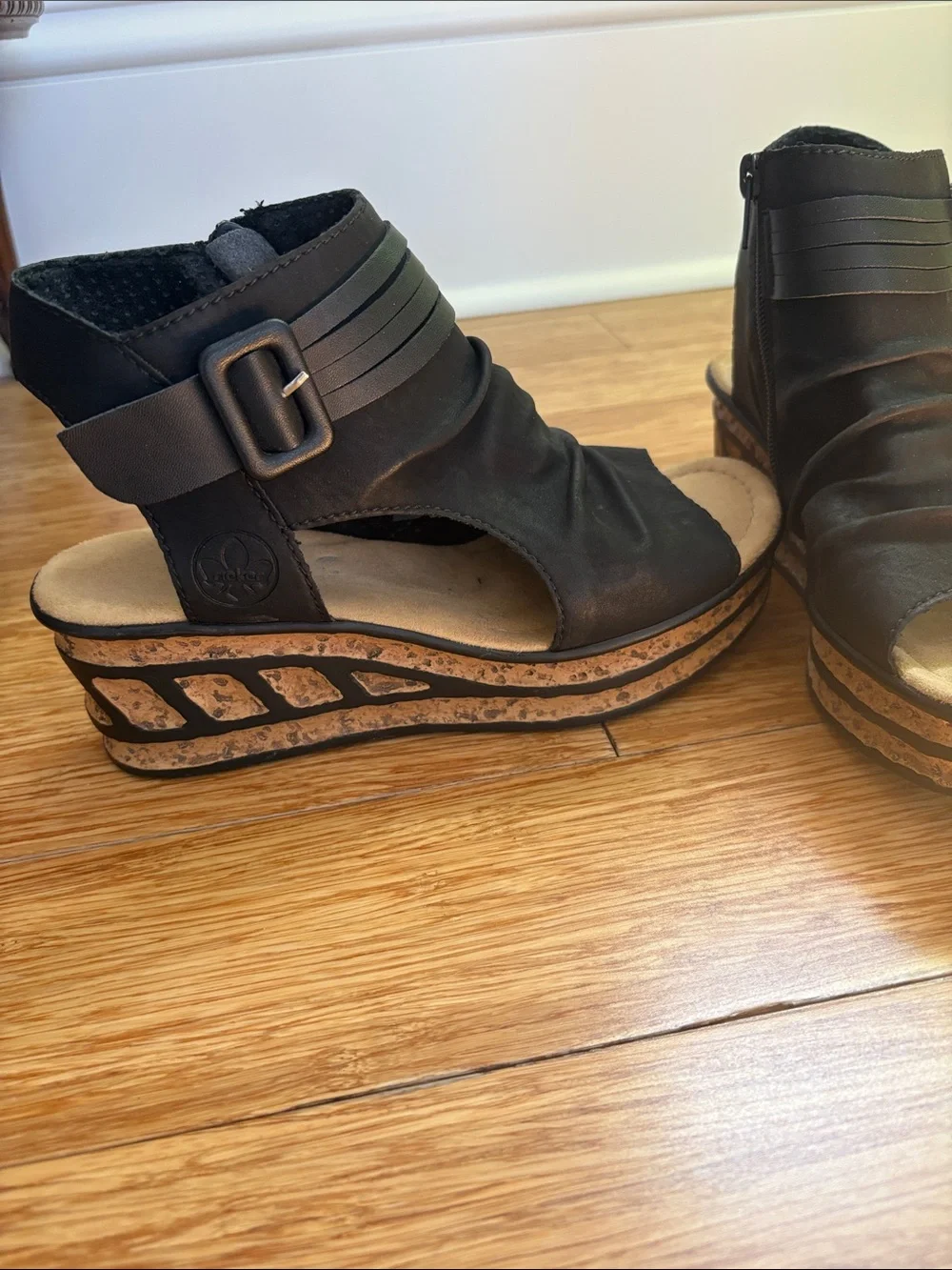 Rieker Black Open-Toe Cork-Detail Wedge Sandals